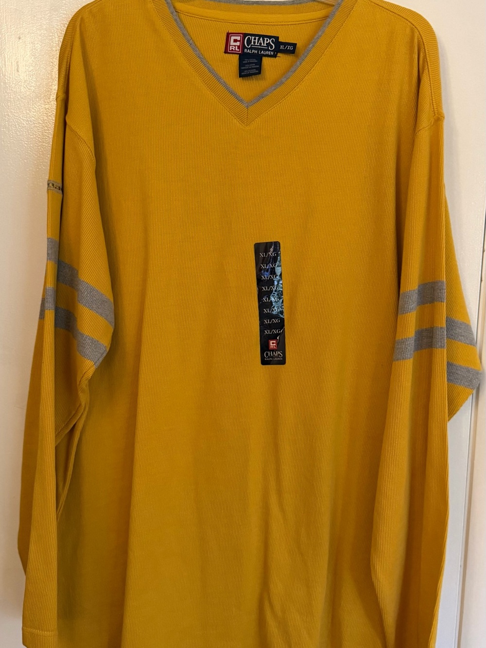 NWT Ralph Lauren Chaps Mens V-Neck Long-Sleeve Shirt in Mustard with Gray Stripe